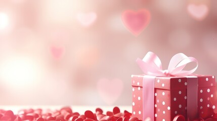 Fototapeta premium Romantic pink background with beautiful blurred bokeh and a gift box for Valentine banner or promotion 
