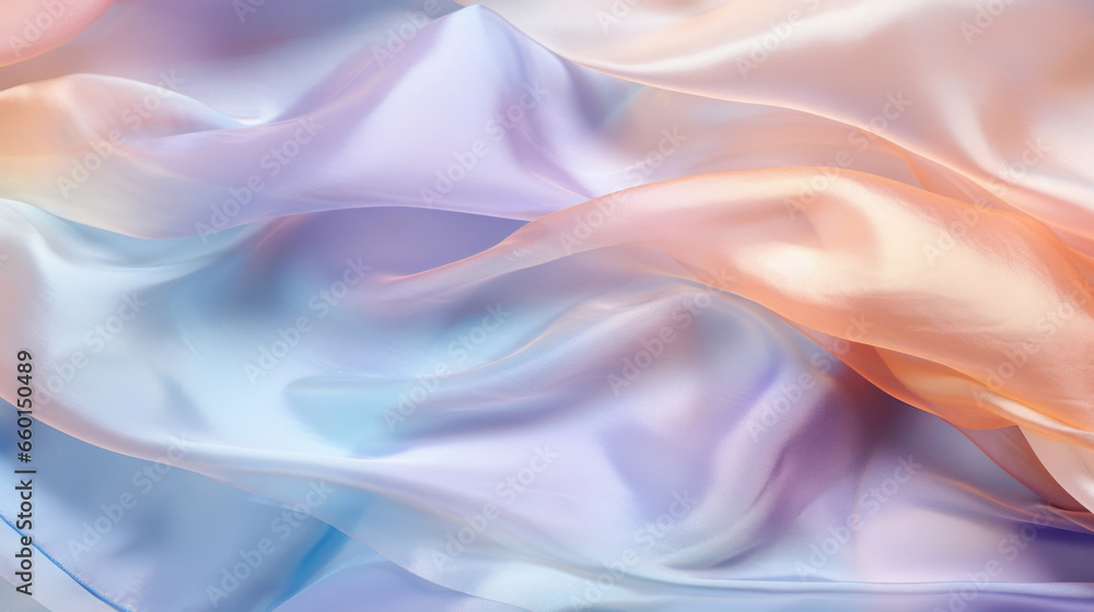 Poster closeup of iridescent organza with a rippled texture, reflecting light in different shades and addin