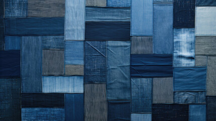 Closeup of patchwork denim This denim texture showcases pieces of different denim fabrics sewn together, creating a patchwork effect. The fabric has a layered and textured appearance, adding - obrazy, fototapety, plakaty