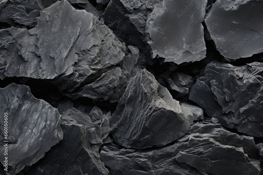 Poster closeup of basalt with a muted, dark color that appears almost charcoal in hue. its texture is finel