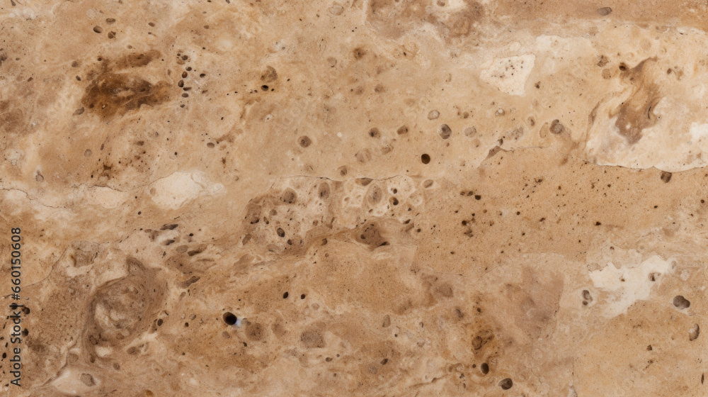 Poster closeup of light brown travertine with a mix of small and large pitted holes that give it a rustic a