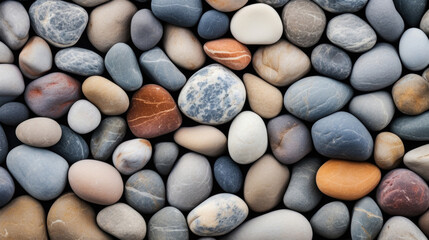 Fototapeta na wymiar Texture of weathered river rocks, with smooth, curved edges and a diverse color palette of warm tans, greys, and hints of blue.
