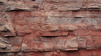 Closeup of red Schist with tightly packed layers that resemble a brick wall. The layers are mostly deep red in color with small s of white and black throughout.