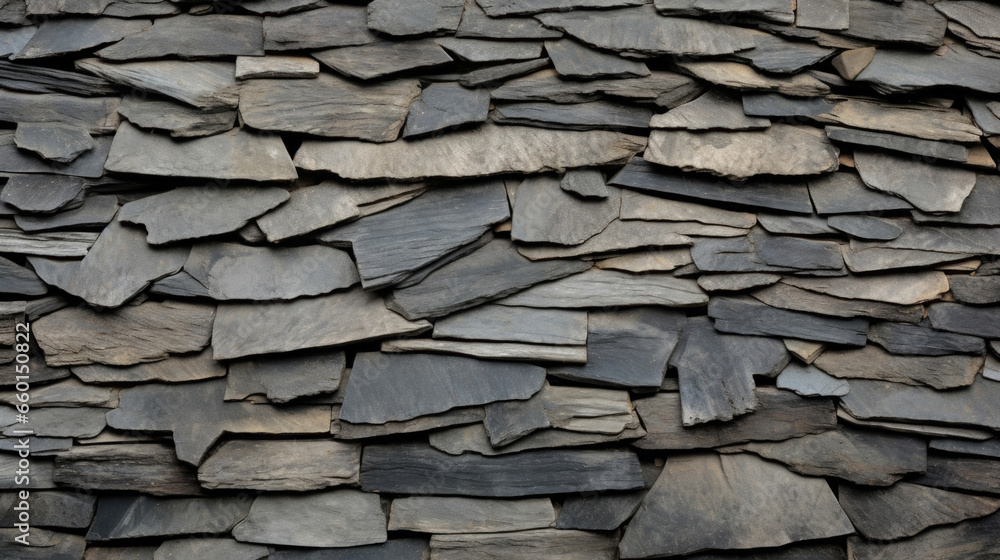 Poster closeup of aged slate shingles an array of small and irregularly shaped slate pieces, showing the we