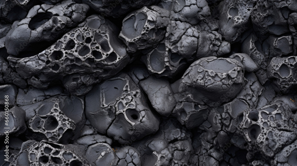 Poster closeup of dark and uneven lava rock with irregular shapes, showcasing its unique texture of small a