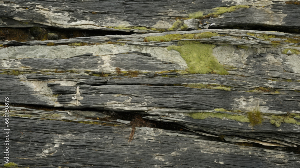Poster closeup of mossy schist with a layered texture, displaying alternating bands of dark and light miner