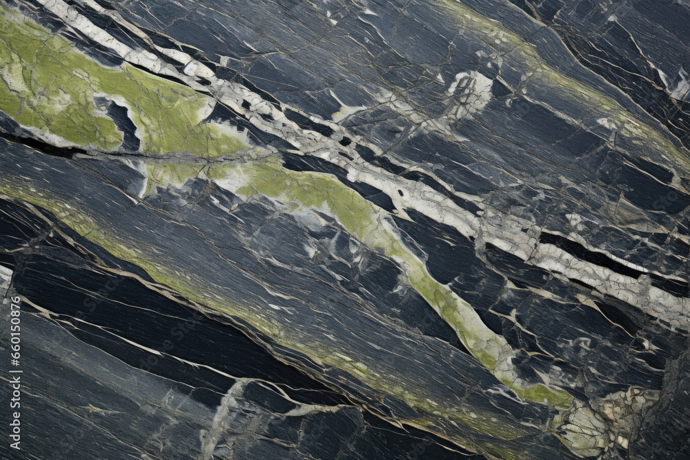 Poster closeup of mossy schist with a textural contrast between its layers, displaying a mix of co, grainy 