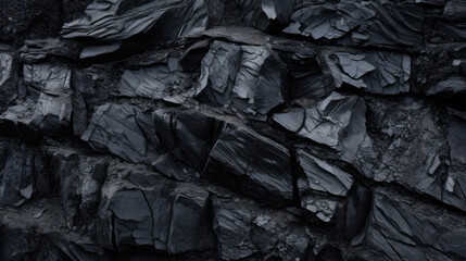 View of volcanic basalt with jagged edges, displaying a striking contrast of dark charcoal and coal black hues with irregular, sharp edges and a gritty, uneven texture. - obrazy, fototapety, plakaty