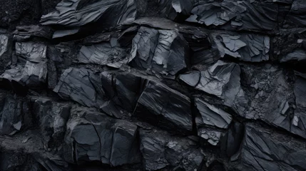 Foto auf Alu-Dibond View of volcanic basalt with jagged edges, displaying a striking contrast of dark charcoal and coal black hues with irregular, sharp edges and a gritty, uneven texture. © Justlight