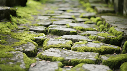 Closeup of weathered Mossy Cobblestone Pathway, with the moss taking on a muted and faded green color over the old and worn stones.