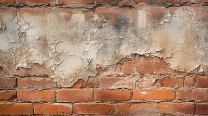 Closeup of a dilapidated brick wall, showcasing jagged cracks and deep crevices that add a sense of decay to the structure.