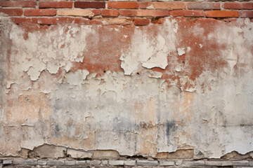 Texture of a deteriorating brick facade, with flecks of red bricks and cracked, crumbling edges.