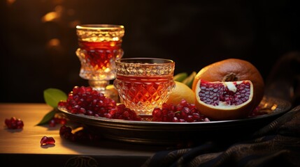 Happy yalda night, winter solstice festival, The birth of the sun or the moon, Copyspace background for text, grapes pomegranate watermelon,