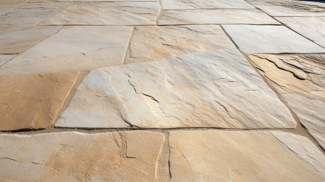 Closeup of a flagstone patio reveals a similar color palette to that of a sandy beach, with gentle undulations and a mixture of light and dark tones.