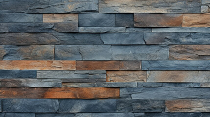 Detailed look at Weathered Slates natural patterns, showcasing a spectrum of textures, from smooth to rugged, in shades of deep blue, charcoal, and burnt orange. The surface has a weathered