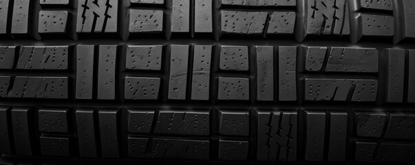 Texture of a blockstyle tire tread, with a series of rectangular blocks layered in a gridlike pattern. The rubber is rugged and durable, giving the tire a strong grip on various surfaces