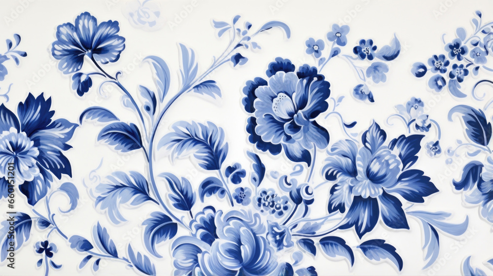 Poster closeup of a delftware blue and white pattern, highlighting the slight variations in color and imper