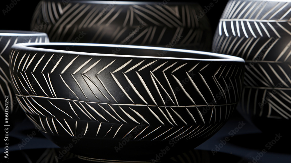 Poster closeup of bold, geometric sgraffito shapes on a glossy, black clay. the glossy surface reflects the