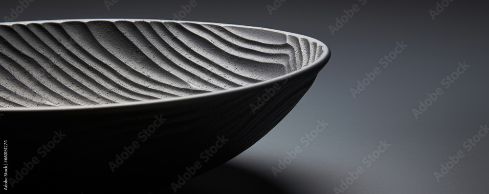 Poster closeup of an art deco ceramic bowl with a matte black finish. the surface is smooth but has a sligh