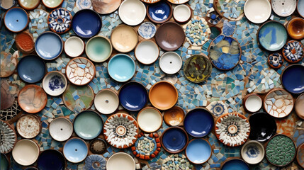 Texture of Mosaic Ceramic Artwork Made from broken pieces of ceramic plates and cups, this unique mosaic artwork has a tactile surface with varying heights and depths. The tiles are arranged - obrazy, fototapety, plakaty