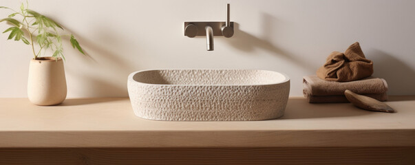 Closeup of a vitreous china sink with a subtly textured surface resembling natural stone. Its matte finish adds a touch of warmth and sophistication, while its strength and resistance to