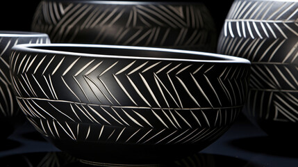 Closeup of bold, geometric sgraffito shapes on a glossy, black clay. The glossy surface reflects the light, bringing attention to the sharp lines and intricate patterns.