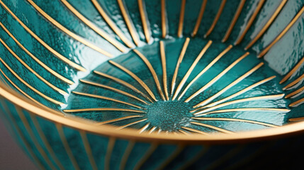 Closeup of a textured Art Deco ceramic bowl in shades of teal and gold. The surface is covered in geometric shapes, giving it a playful and modern feel.