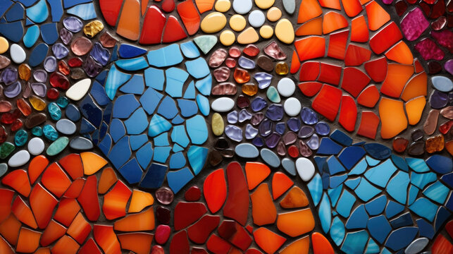 Closeup of Colorful Mosaic Ceramic Artwork This stunning piece of mosaic ceramic artwork is bursting with color and texture. The tiles, ranging in size and shape, are tightly fitted together,
