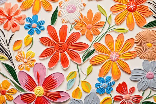 Closeup of vibrant sgraffito flowers on a glossy, white clay. The sharp contrast between the bright florals and smooth surface creates a cheerful and eyecatching texture.