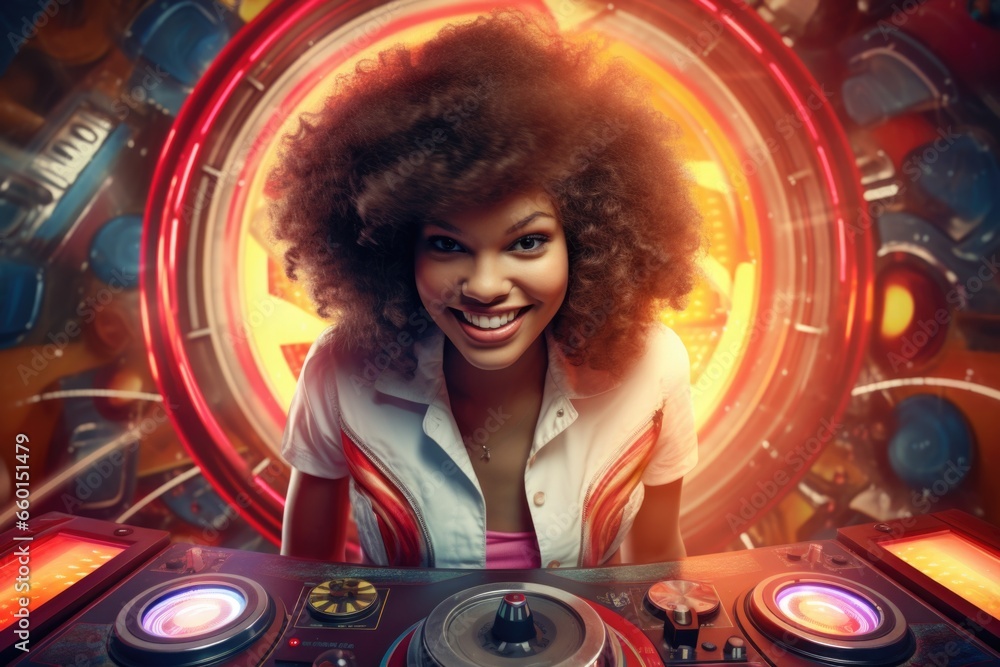Aufkleber a woman standing confidently in front of a dj's turntable, ready to entertain the crowd. this image 