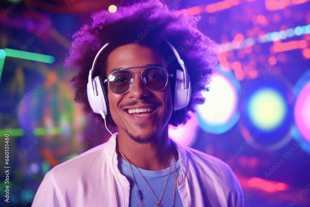 Poster a man wearing headphones and a white jacket. this image can be used to depict a person enjoying musi