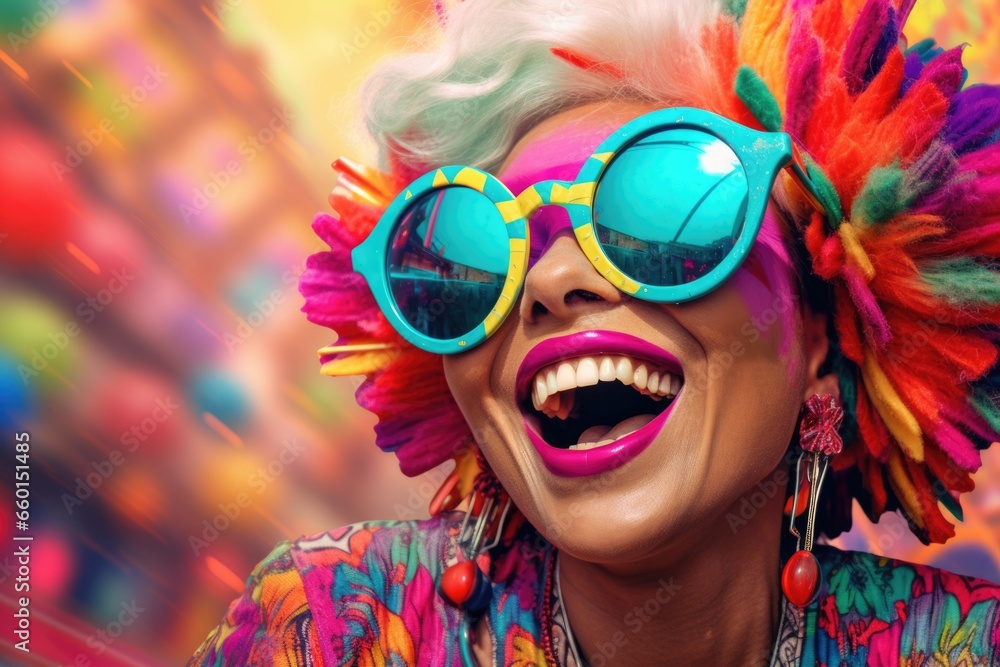 Wall mural A woman with vibrant, colorful hair and stylish sunglasses laughing joyfully. This image can be used to depict happiness, confidence, and individuality.