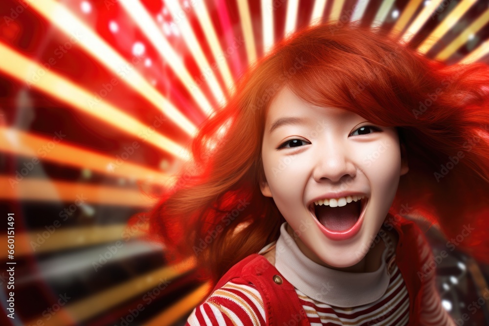 Poster a young girl with vibrant red hair captured in a moment of laughter. this image is perfect for addin