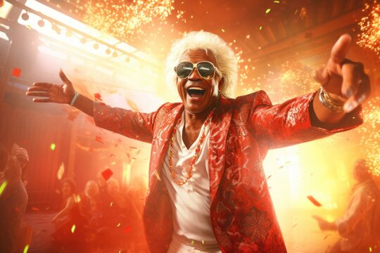 A man wearing a vibrant red jacket and stylish sunglasses dancing with enthusiasm. This image can be used to depict joy, celebration, and self-expression.
