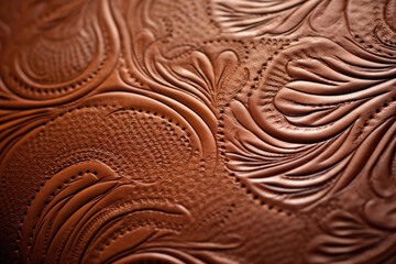 Closeup of stamped saddle leather This image showcases a saddle leather texture that has been stamped with a decorative pattern. The raised design adds texture and dimension to the leather,