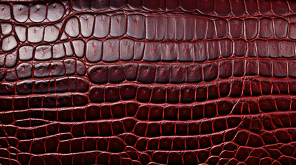 Texture of crocodile skin leather, featuring a unique and eyecatching pattern with intricate scales in shades of red and dark brown. The leather is supple and flexible, making it a popular