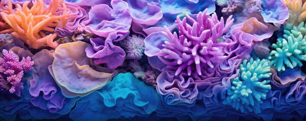 Obraz premium Texture of a coral reef, showcasing a smooth and glossy surface. Shades of purple, blue, and green create a visually appealing and vibrant texture.