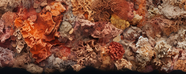 Texture of a coral reef, with a rough and rocky surface. Shades of brown, red, and yellow intertwine to create a natural, organic look.
