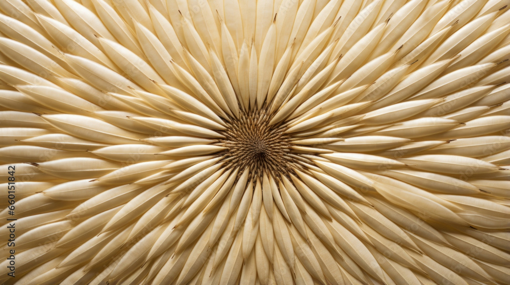 Poster texture of tiny sunflower seeds spiraling outwards, with their pointed ends meeting at the center to