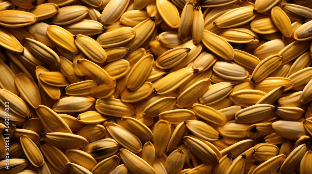Poster upclose view of sunflower seeds in a spiral pattern, showcasing the smooth and glossy surface of the