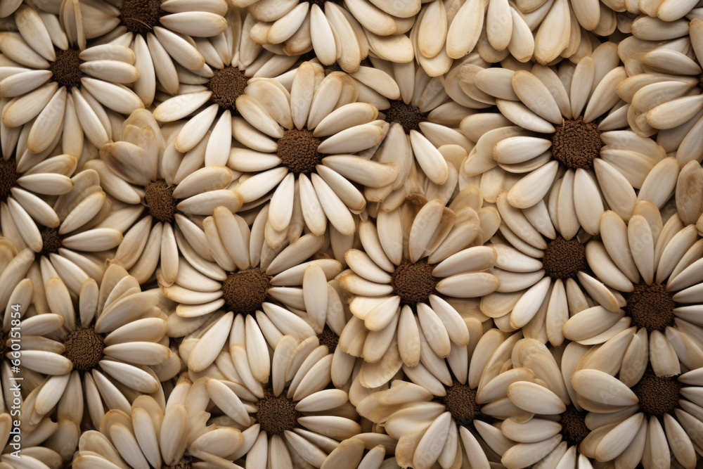 Poster a spiral pattern of sunflower seeds, with their round shells and distinct markings creating a visual