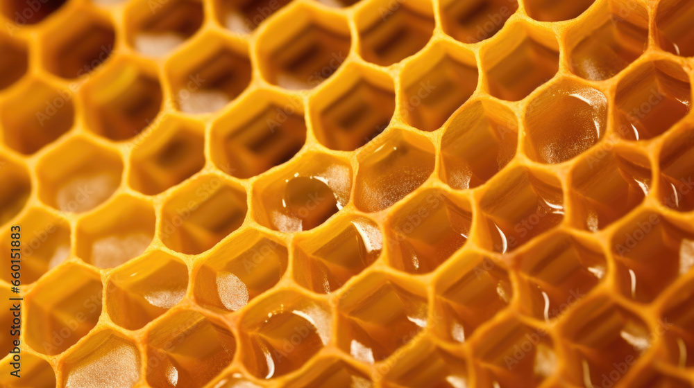 Poster macro shot of a honeycomb texture in a beehive, showcasing the intricate and precise formation of ea