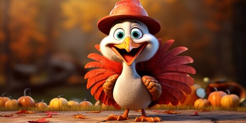 cute Thanksgiving turkey character cartoon  - obrazy, fototapety, plakaty