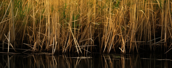 Fototapeta premium Closeup of a section of reeds, their densely packed stems creating a dense and imtrable wall, offering protection and privacy to the creatures living within the wetland.