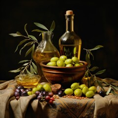 Obraz na płótnie Canvas Olive oil is a natural product derived from the fruit of the olive tree. exquisite flavor palette, easily used for cooking a variety of dishes. rich in healthy fats and antioxidants, healthy eating.
