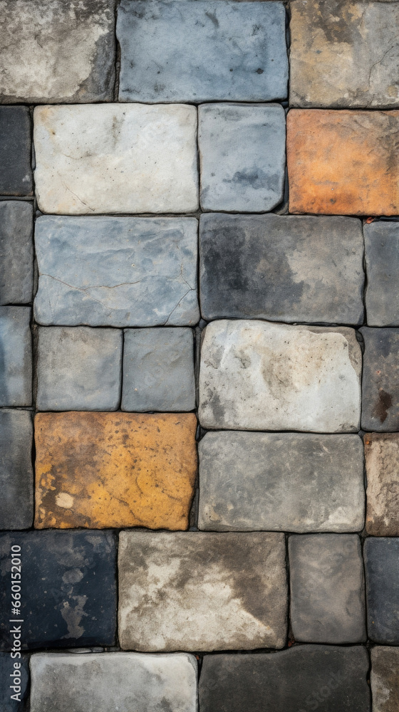 Poster texture of a concrete sidewalk featuring various shapes and sizes of tiles, arranged in a random pat