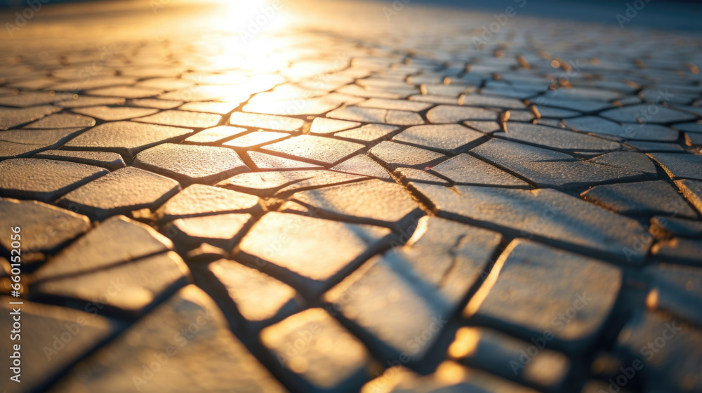 Poster closeup of intricate, overlapping shadows on the pavement, where light from multiple sources converg