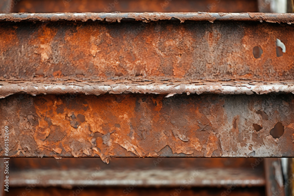 Poster closeup of a rusted fire escape, the orangebrown rust creating a gritty and textured surface on the 