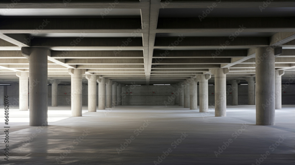 Poster texture of a multilevel concrete parking garage, with rows of pillars and beams creating a gridlike 