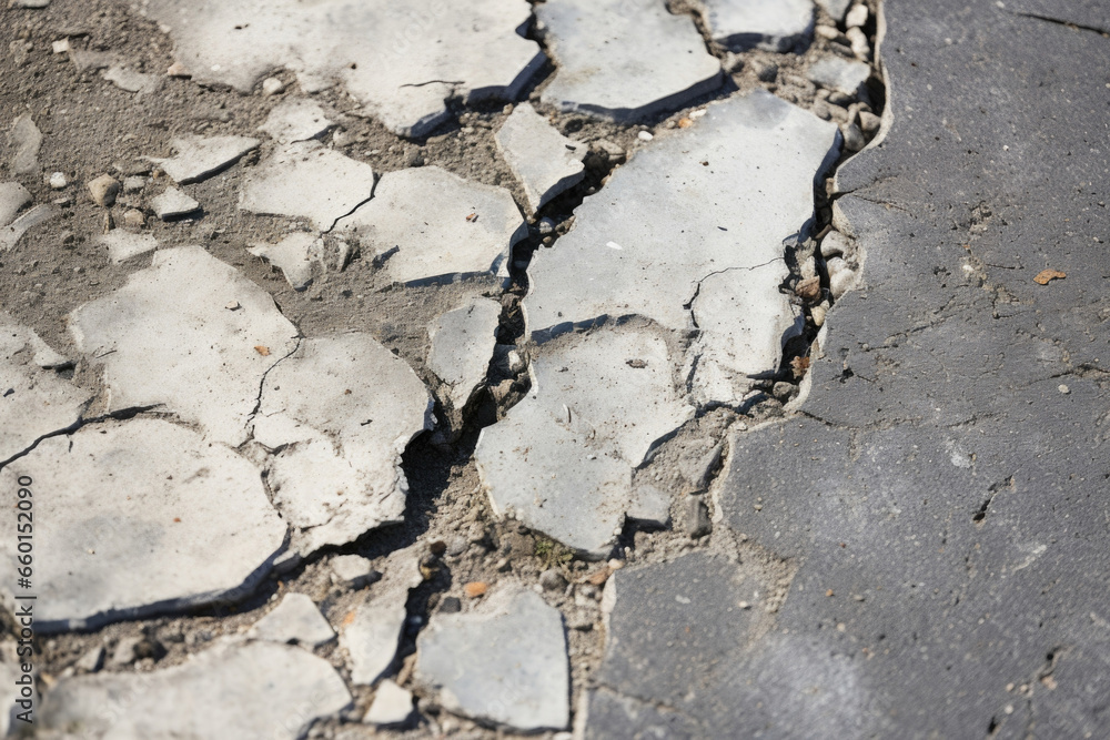 Poster closeup of a damaged sidewalk, where chunks of concrete have broken off and left uneven edges. old g